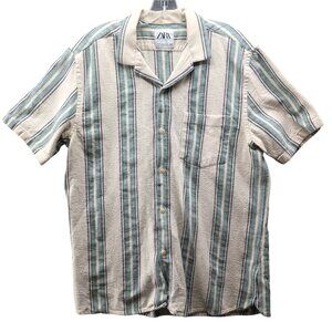 Zara Cotton Linen Blend Shirt Mens XL Short Sleeve Button Up Green Beige Striped